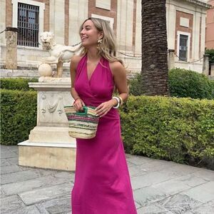 Zara Fushia Purple Linen Blend Halter Maxi Summer Party Wedding Dress